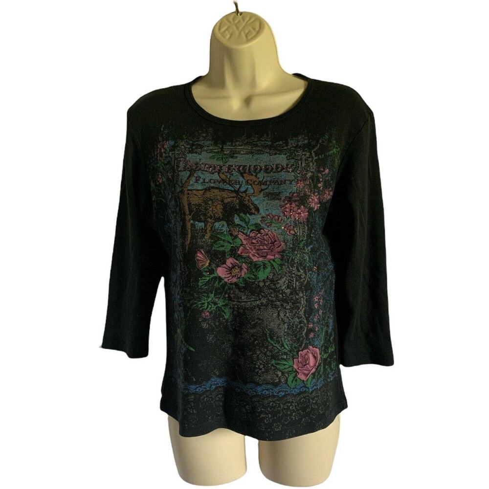 Creative Apparel Womens Floral Shirt Top Medium Black Embellished Long Sleeve